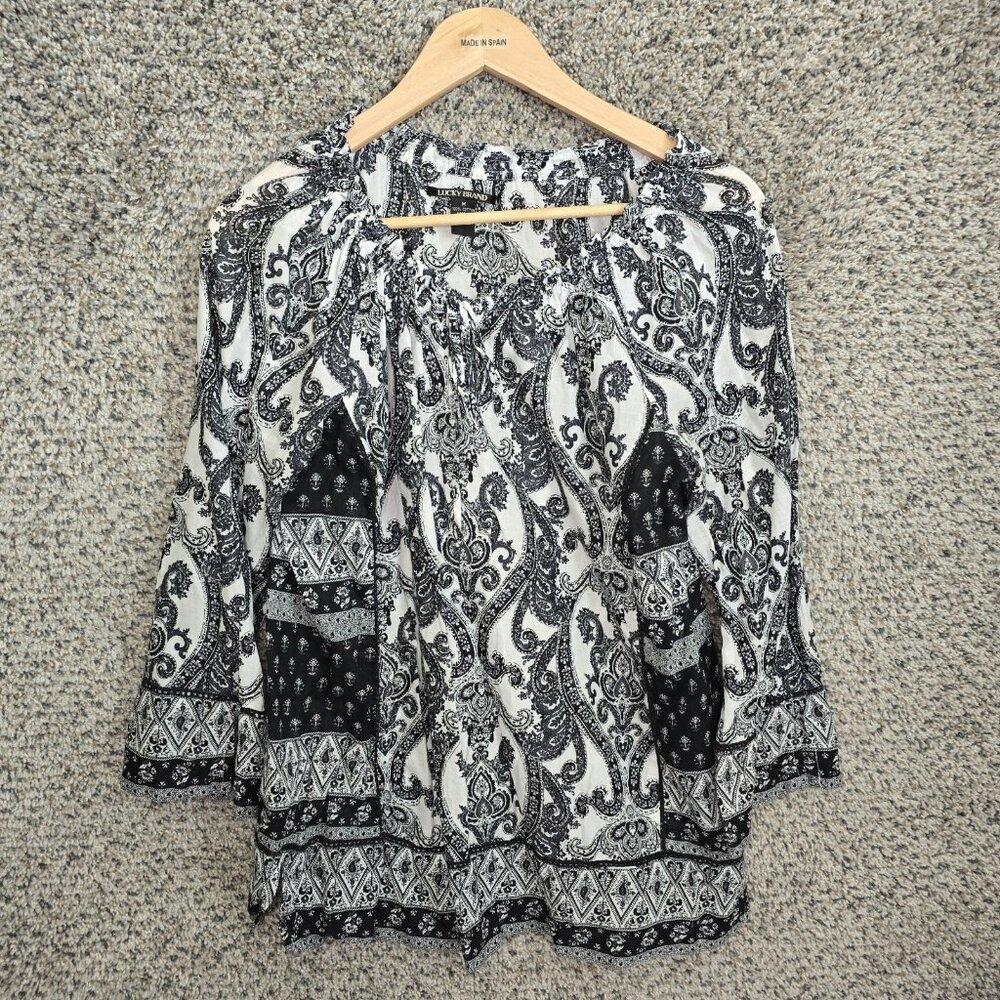 Lucky Brand Top Womens Medium Black Paisley Print Peasant Blouse Casual Neck Tie